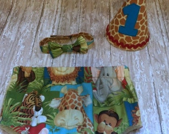 Jungle diaper cover, birhday hat and tie