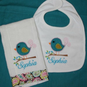 Custom appliqued birdie burp cloth and bib set