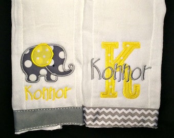 Custom appliqued  elephant burp cloths