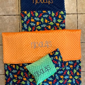 Custom embroidered dinosaur nap mat cover, blanket, pillow and pillow case