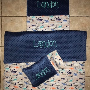 Custom embroidered dino nap mat cover, blanket, pillow and pillow case