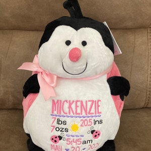 May include: Pink and black ladybug plush toy with embroidered details. The toy has a white face with a pink nose and black eyes. The embroidery includes the name "MCKENZIE", "7 lbs 7 oz", "20.5 ins", "5:45 am", "MAY 20 2022", and a sun and two ladybugs.