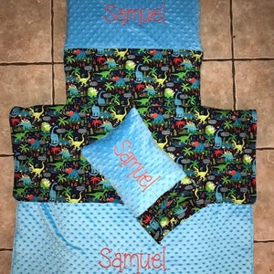 Custom embroidered dinosaur nap mat cover, blanket, pillow and pillow case