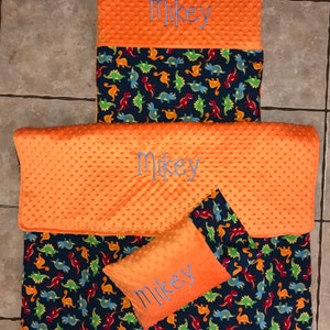 Custom embroidered dinosaur nap mat cover, blanket, pillow and pillow case