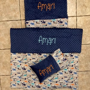 Custom embroidered dino nap mat cover, blanket, pillow and pillow case