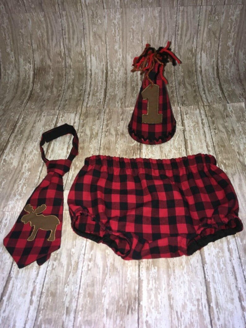 Lumberjack diaper cover tie and birthday hat outfit