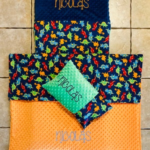 Custom embroidered dinosaur nap mat cover, blanket, pillow and pillow case