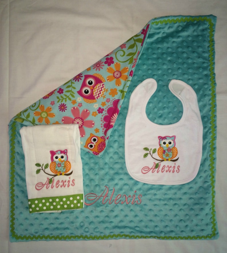 Owl Diaper Changing Blanket Appliqued Burp Cloth and Bib Etsy