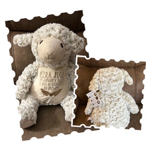 Op de afbeelding: Een crèmekleurig pluche lammetje met een textuur van krullende stof. De voorkant heeft een geborduurd beige paneel met de tekst 'EZRA JUDE', '14 January 2023', '5 LBS 13 OUNCES', '19 INCHES' en een paar goudkleurige engelvleugels.