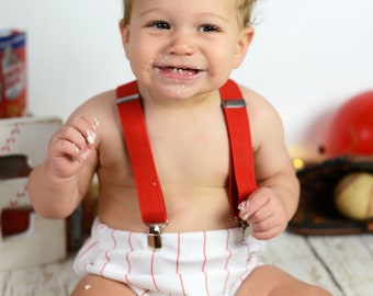 Baseball diaper cover with suspenders