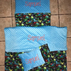 Custom embroidered dinosaur nap mat cover, blanket, pillow and pillow case