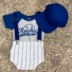 Rookie of the year diaper cover, creeper, suspenders and baseball cap