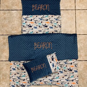 Custom embroidered dinosaur nap mat cover, blanket, pillow and pillow case
