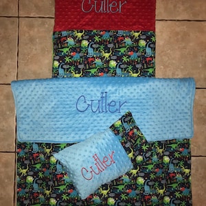 Custom embroidered dinosaur nap mat cover, blanket, pillow and pillow case