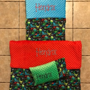 Custom embroidered dinosaur nap mat cover, blanket, pillow and pillow case
