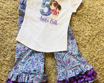 Girl rescue puppy appliquéd shirt with coordinating ruffle pants