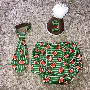 Football cake smash outfit with birthday hat