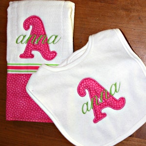 Custom appliqued  initial burp cloth and bib set