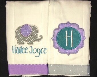 Custom appliqued  elephant burp cloths