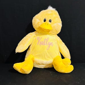 Puede incluir: Un pato de peluche amarillo con el nombre "Kaitlyn" bordado en rosa en su pecho.