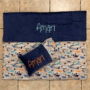Custom embroidered dino blanket, pillow and pillow case