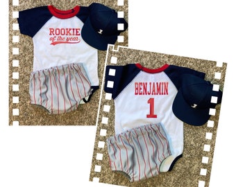 Rookie of the year diaper cover, creeper and baseball cap