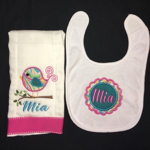 Custom appliqued birdie burp cloth and bib set