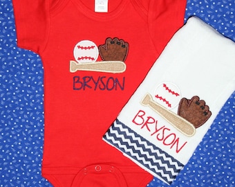 Custom appliqued baseball bodysuit and burp cloth