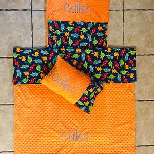 Custom embroidered dinosaur nap mat cover, blanket, pillow and pillow case