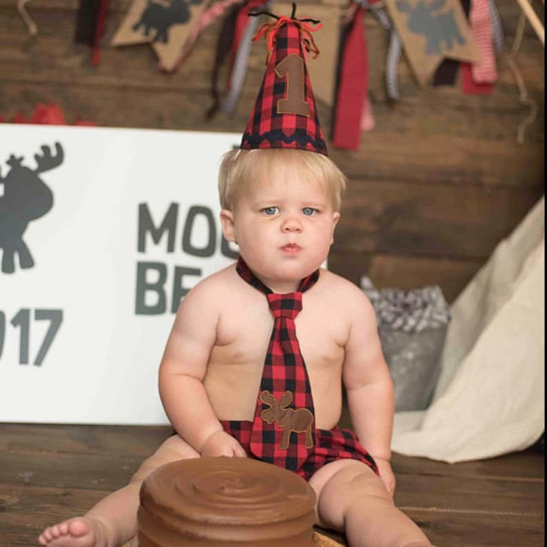 Lumberjack diaper cover tie and birthday hat outfit