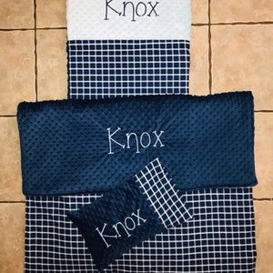 Custom embroidered plaid nap mat cover, blanket, pillow and pillow case