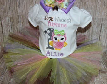 Custom owl first birthday bodysuit with coordinating tutu and hair bow