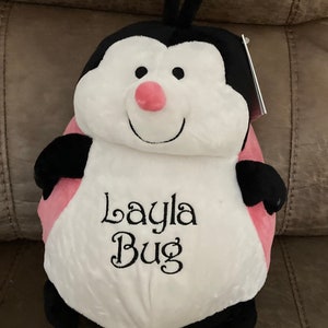 May include: A pink and black ladybug plush toy with a white face and black eyes. The toy has the name "Layla Bug" embroidered on it.