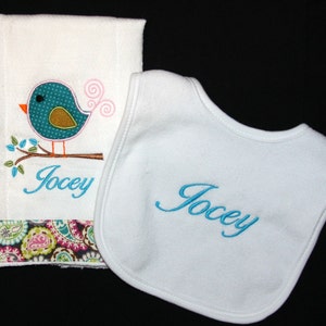 Custom appliqued birdie burp cloth and bib set