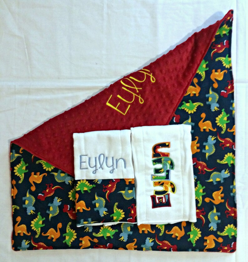 Dinosaur diaper changing blanket and coordinating burp cloths 2