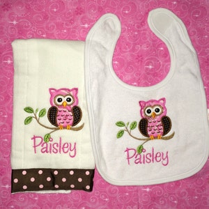 Custom appliqued  owl burp cloth and baby bib
