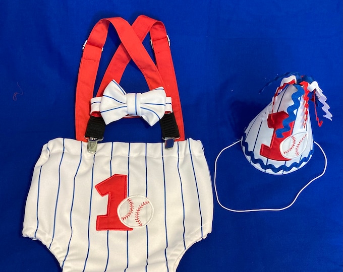 Featured listing image: Baseball diaper cover, bow tie, suspenders and birthday hat