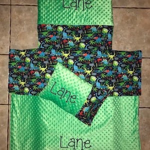 Custom embroidered dinosaur nap mat cover, blanket, pillow and pillow case