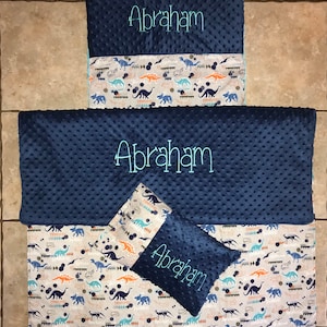 Custom embroidered dinosaur nap mat cover, blanket, pillow and pillow case