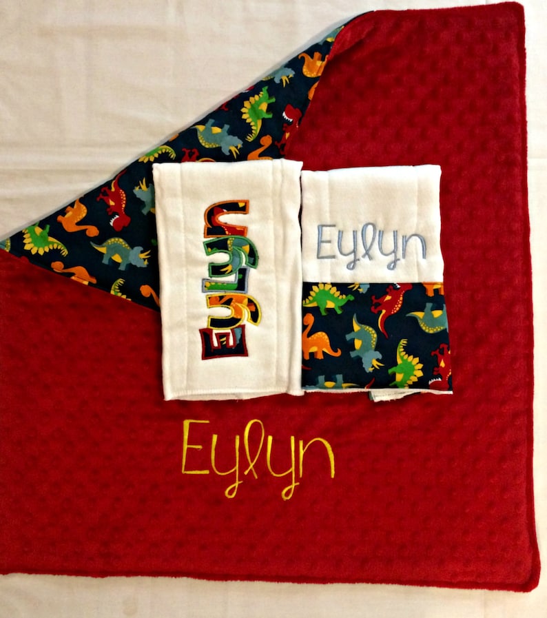 Dinosaur diaper changing blanket and coordinating burp cloths 2