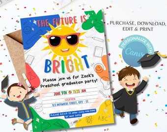 Invitación editable para fiesta de graduación preescolar, celebración infantil (descarga digital)