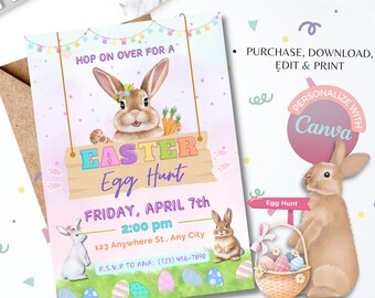 Easter Egg Hunt Invitation, Bunny Invitation, Easter Invitation, Easter Instant Donwload Invite, Easter Egg Editable Template