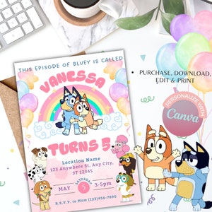 Girl Blue Dog birthday invite, Blue Heeler Invitation, Digital Pink Invitation