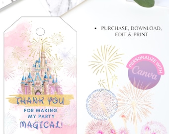 Etiquetas de Agradecimento Castelo Mágico | Lembrancinhas para Festa de Princesa (Modelo Editável no Canva)