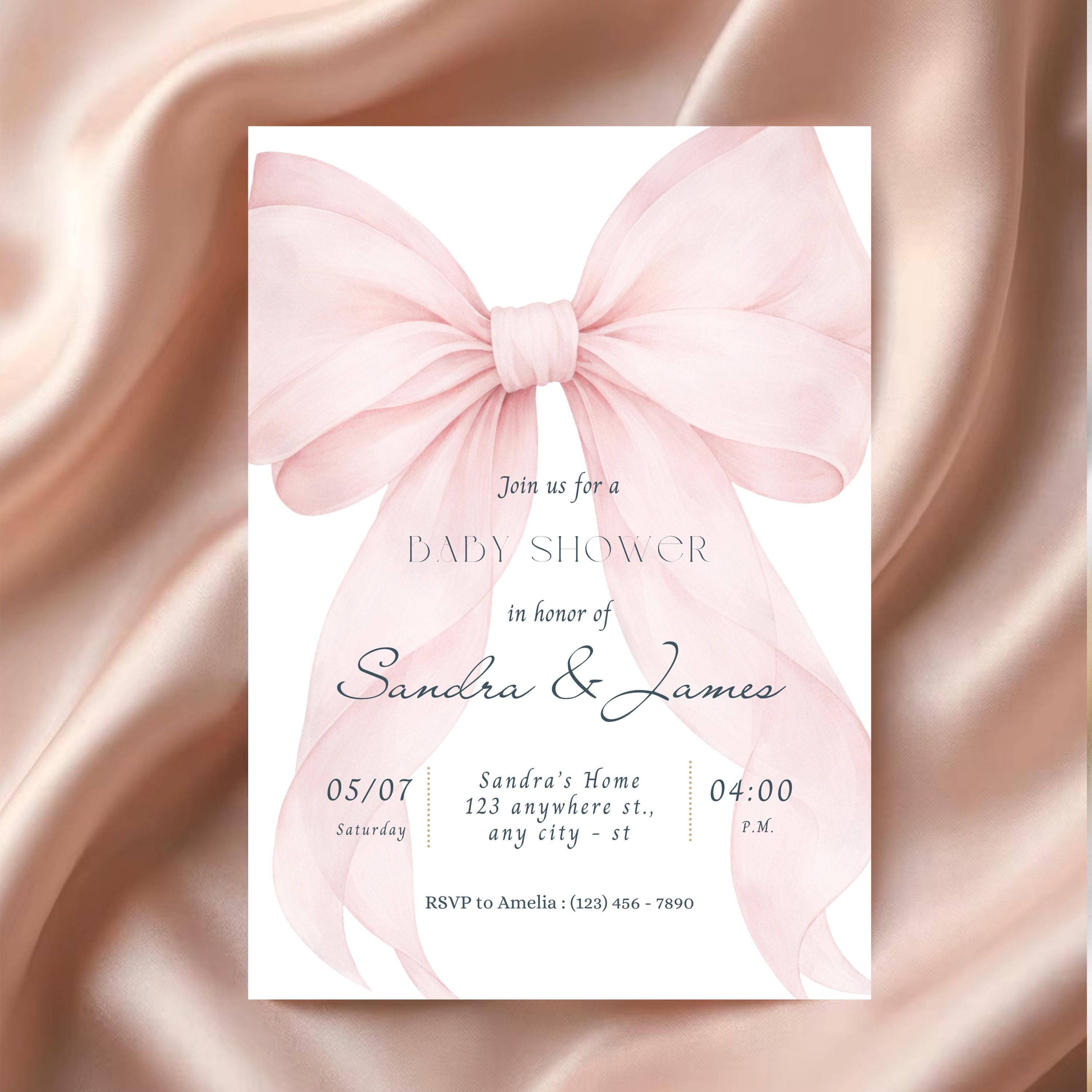 Blush Pink Bow Baby Shower Invitation Template, Elegant Coquette Baby ...
