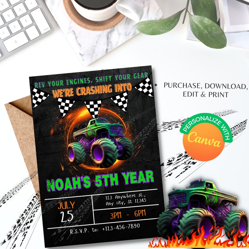 Pu&ograve; includere: Invito a una festa di compleanno a tema monster truck con un monster truck verde e viola su uno sfondo nero con fiamme. L'invito dice "Rev your engines, shift your gear, we're crashing into Noah's 5th year". La data &egrave; il 25 luglio, l'ora &egrave; dalle 15:00 alle 18:00 e il numero di RSVP &egrave; +123-456-7890.