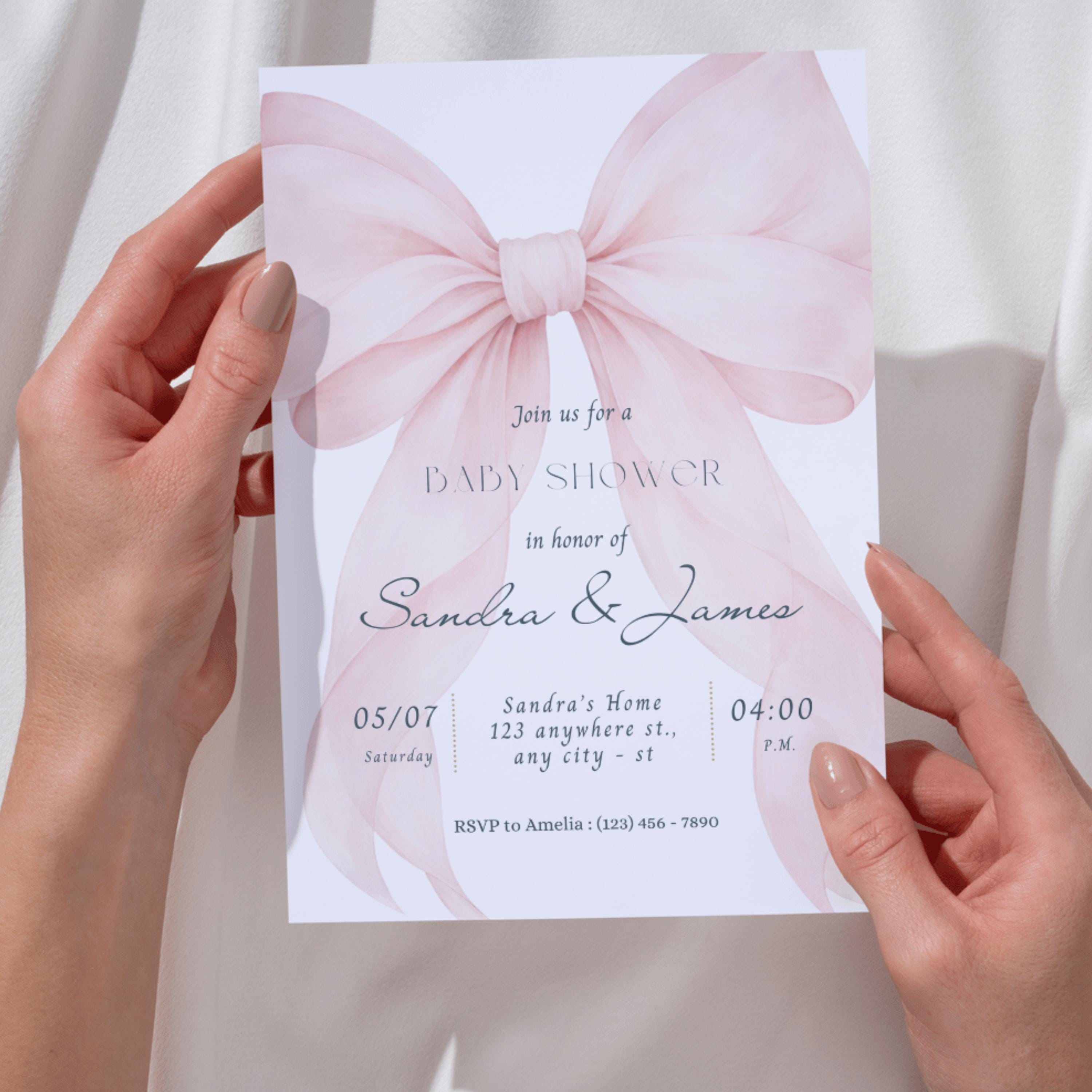 Blush Pink Bow Baby Shower Invitation Template, Elegant Coquette Baby ...