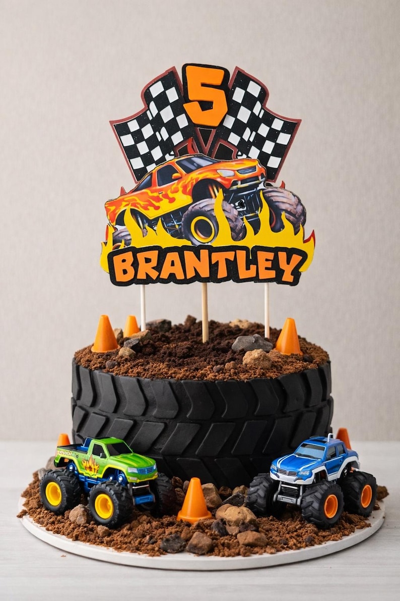 Puede incluir: Una tarta de cumplea&ntilde;os con tem&aacute;tica de monster truck con un dise&ntilde;o de neum&aacute;tico negro. La tarta est&aacute; decorada con monster trucks de juguete, conos de tr&aacute;fico naranjas y un adorno que dice "Brantley" y "5".