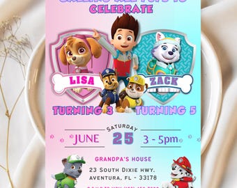 Tweelingverjaardagsuitnodiging puppy | Bewerkbare digitale uitnodiging voor een tweeling | Hondenthemafeest | Sjabloon direct downloaden