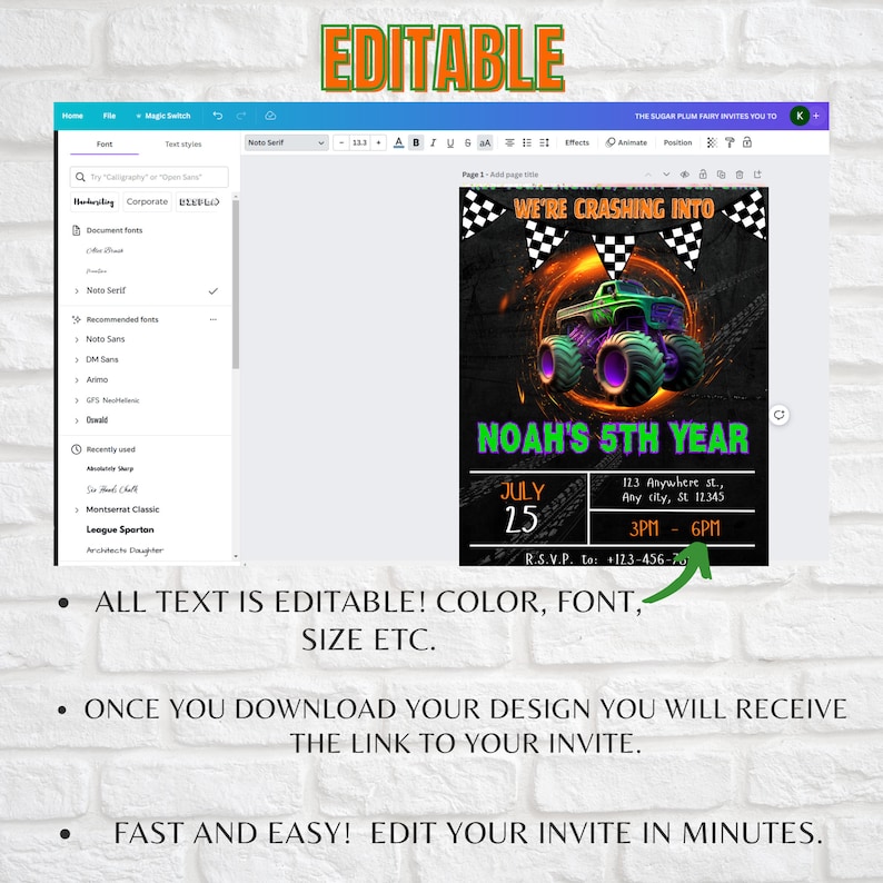 Pu&ograve; includere: Modello di invito per festa di compleanno di monster truck modificabile con grafica di monster truck verde e nero, testo che dice "We're Crashing Into Noah's 5th Year" e dettagli per la festa, tra cui data, ora e luogo.